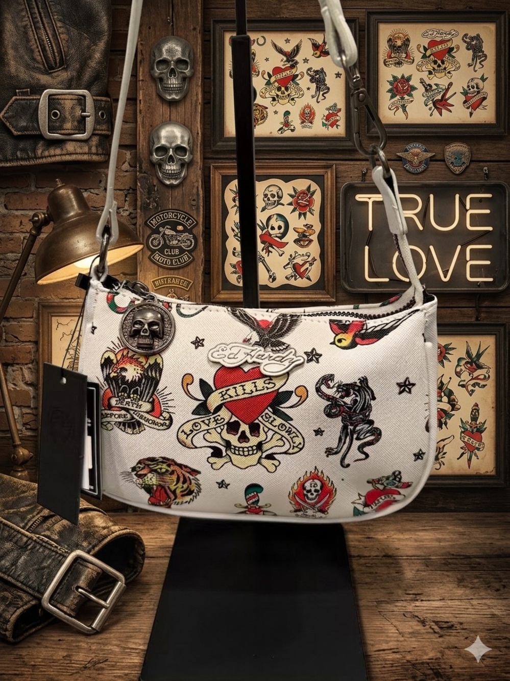 NWT Ed Hardy White Tattoo Print Convertible Mini Shoulder Bag Wristlet